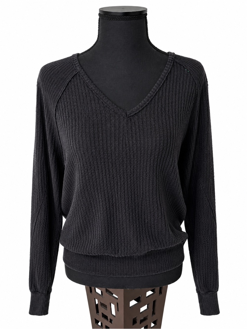 We The Free Free People Black Waffle Knit V-Neck Thermal Sweater XS